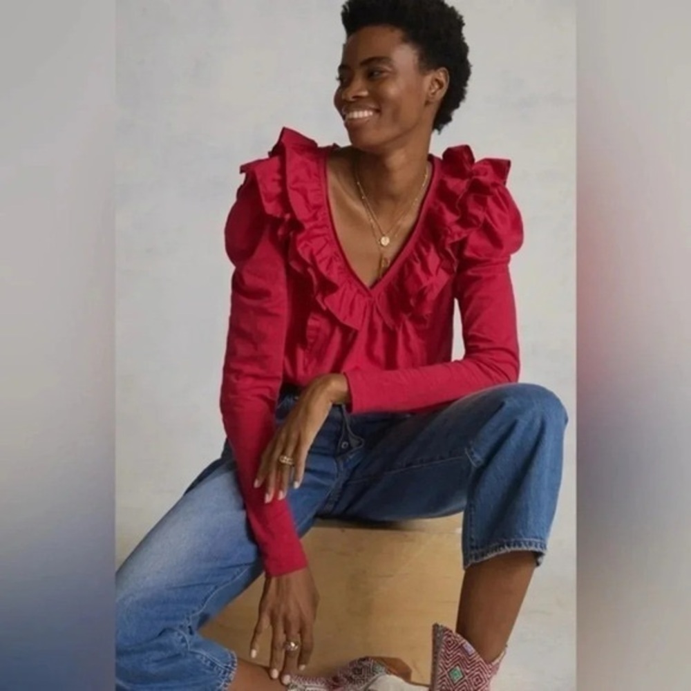 Anthropologie Red Pink Ruffled V-Neck Ruffle Down Shirt Blouse Medium